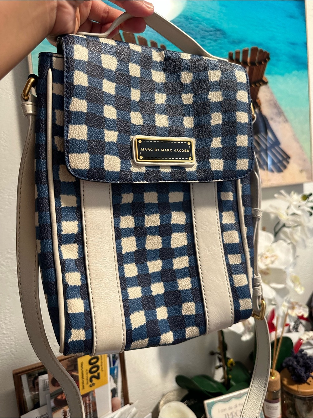 Marc by Marc Jacobs Navy & White Check Canvas Backpack Crossbody - Picture 2 of 11